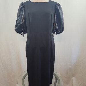 Calvin Klein Black Dress with Sequin Puff Sleeves